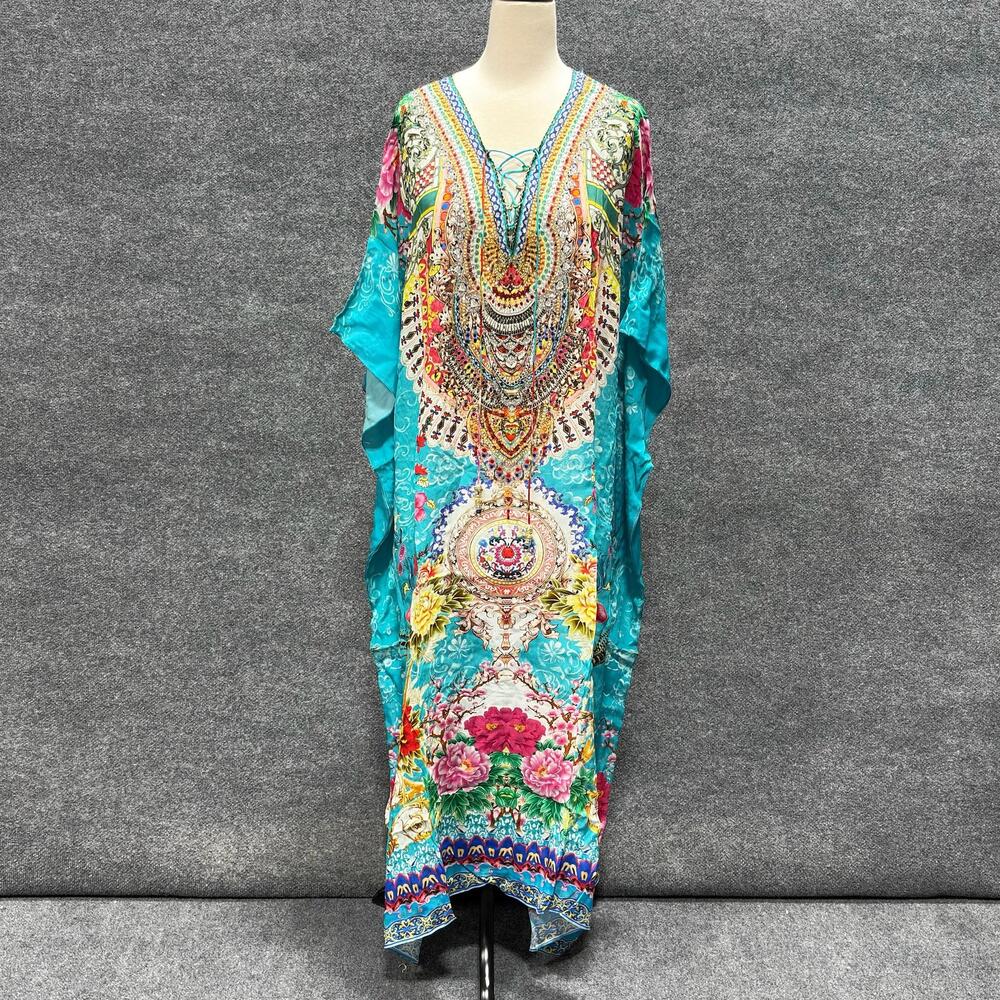 Czarina Dress Womens One Size Blue Floral Kaftan Rhinestone Boho Maxi V Neck